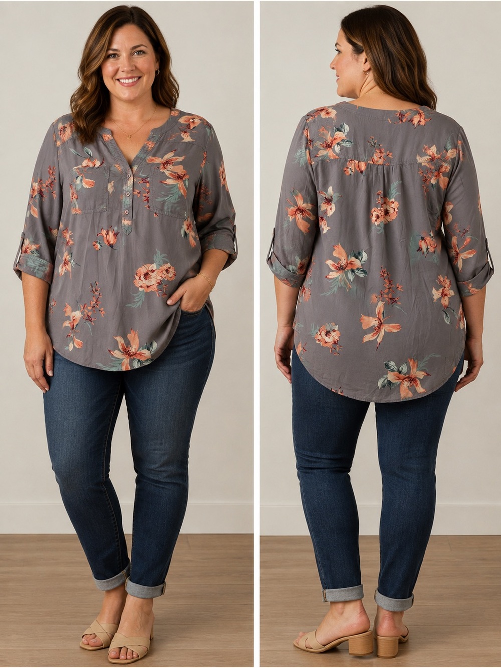 Torrid Harper Floral Split-Neck Blouse Grey Taupe Long Sleeve Size 0